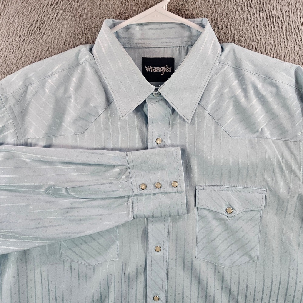 Wrangler Mens XL Western Snap Shirt Light Blue Jacquard Stripe Dobby